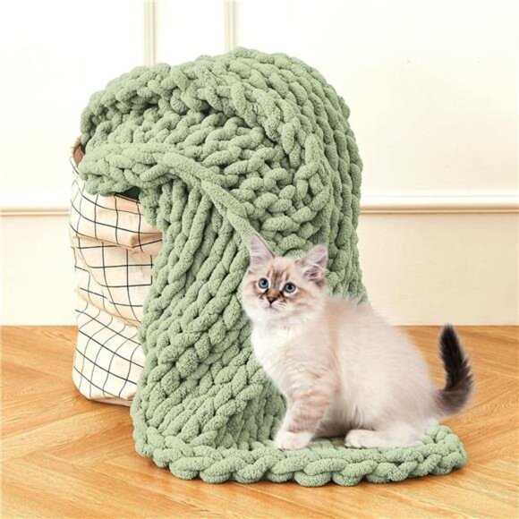 Chunky Knit Blanket Throw Chenille Soft Cozy Knitted Sofa Home Decor 51x63 Sage - Picture 6 of 7